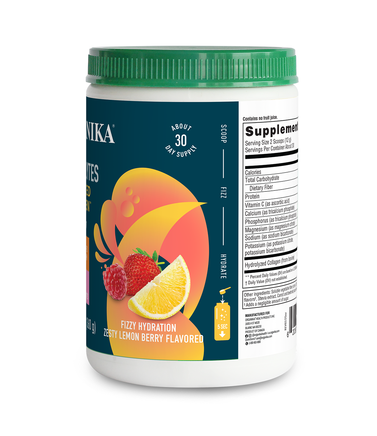 Electrolytes + Enhanced Collagen - Zesty Lemon Berry - Organika USA